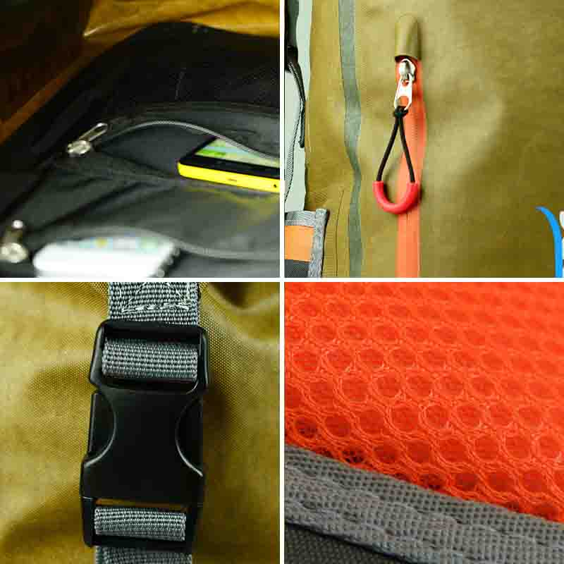 Close-up detail of the roll-top closure, welded seams, and side-compression buckles on the waterproof backpack