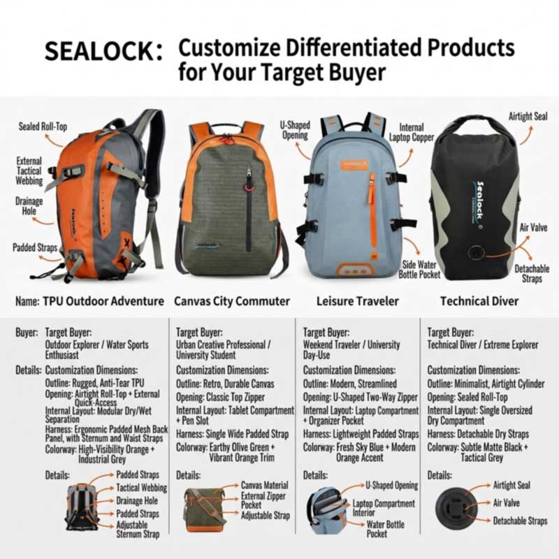 Custom waterproof backpack differentiation — structure, internal layout, carry system and material tuned to a target outdoor buyer