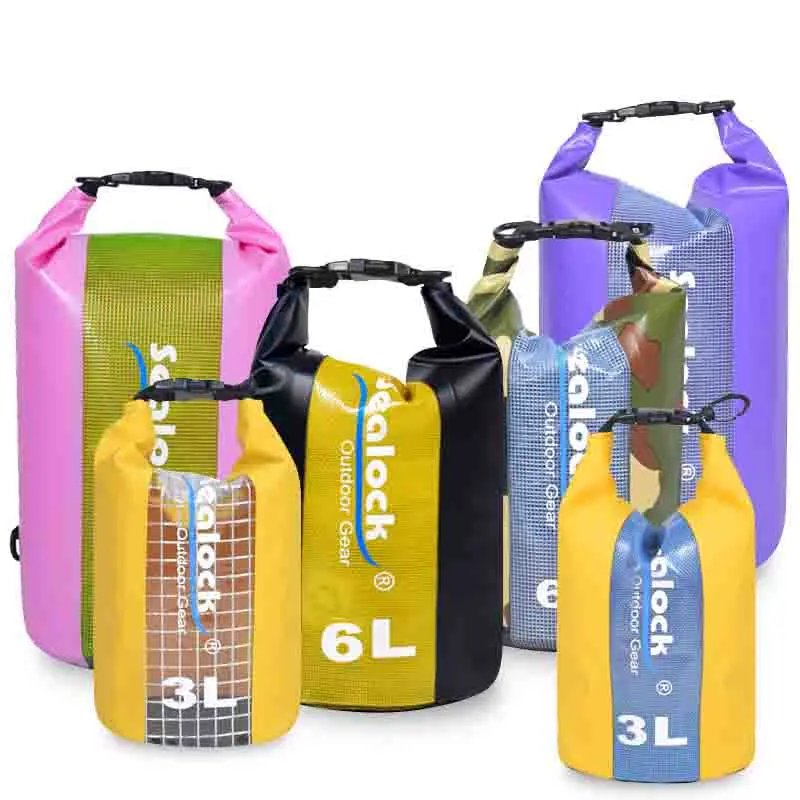 PVC Roll Top Waterproof Garing Bag karo Clear Window lan Rilis Cepet Tali Pundhak